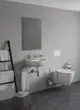 Moderne Badezimmeransicht mit Wandwaschbecken, WC und Chrom-Papierrollenhalter von Ideal Standard. Handtücher und dekorative Elemente ergänzen die Einrichtung.